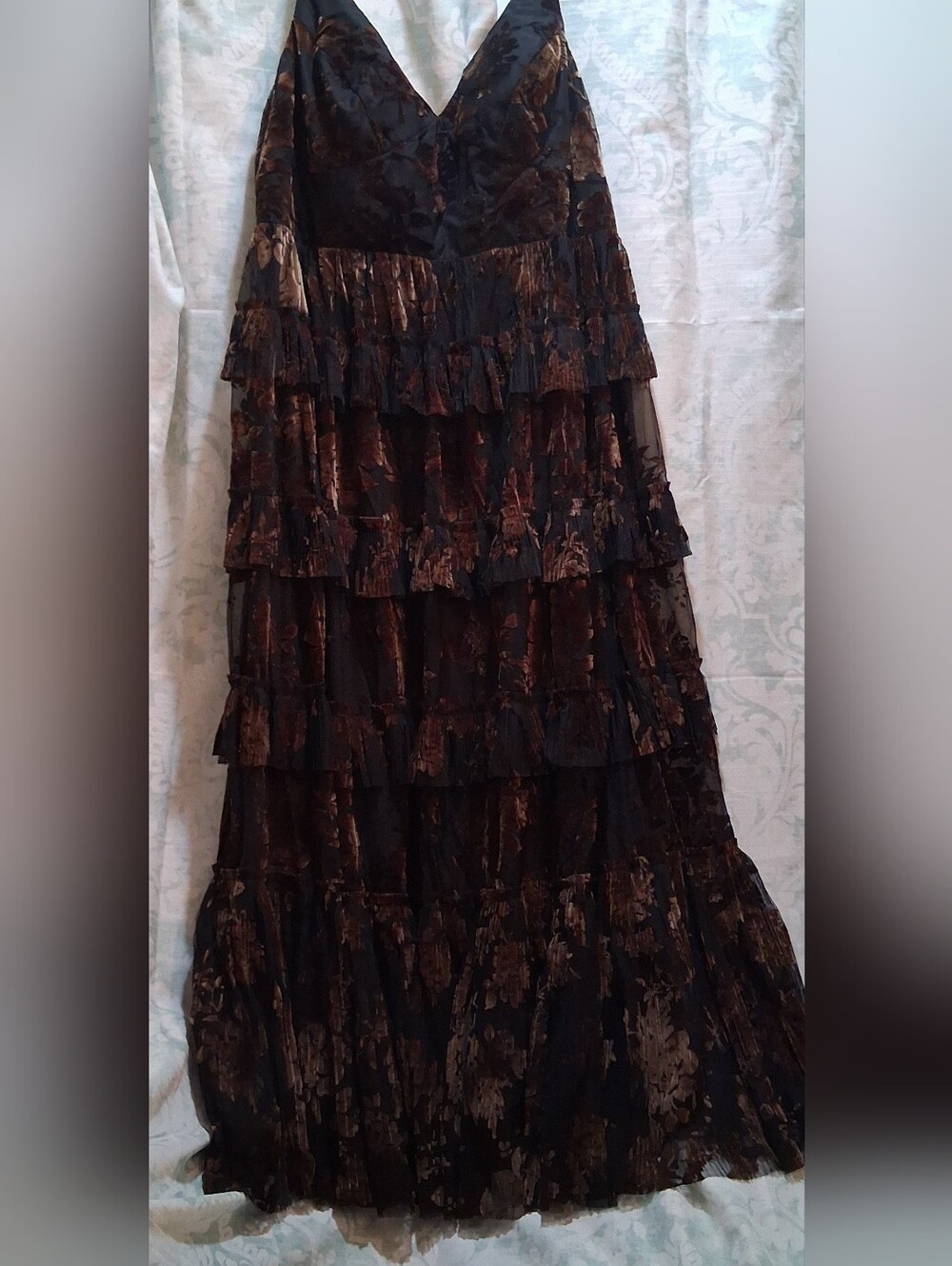 NWT Azazie Cammy Ruffle Layered Floral Maxi Gown Coco Brown Womens Plus Size 24 - Picture 4 of 10